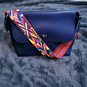 Festival print, blue leather bag